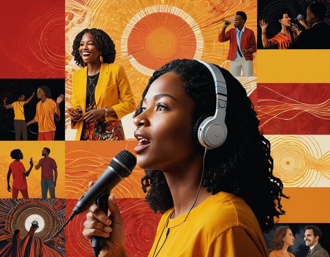 A vibrant collage of a person passionately speaking into a microphone, surrounded by digital screens showcasing stories in various forms like text, images, and video. Convey the energy of storytelling with animated lines and sound waves radiating from the speaker. Incorporate warm colors to evoke emotion and engagement. Include diverse characters in the background, representing global voices sharing their stories. super-realistic. vibrant colors. dynamic composition.