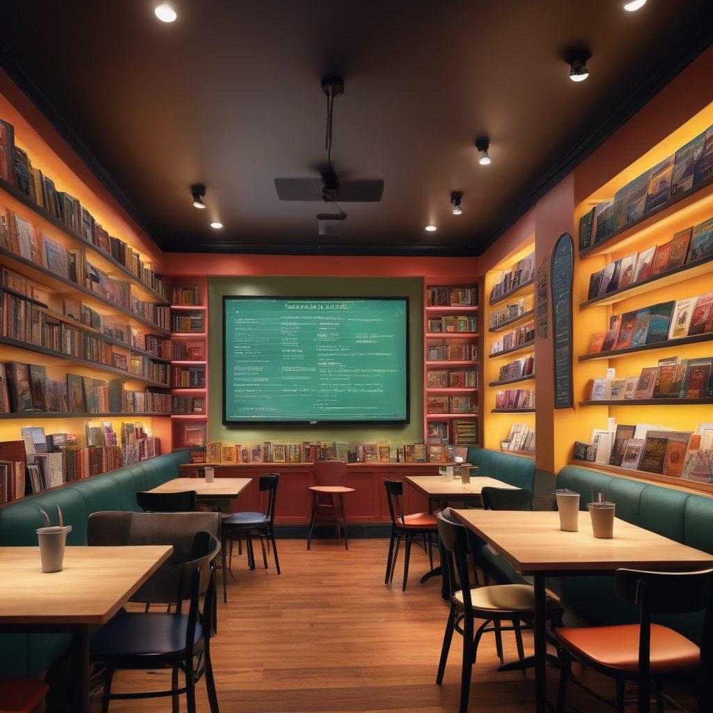 A cozy virtual coffee shop scene with diverse people engaged in animated discussions about writing, surrounded by colorful bookshelves and laptops. A large chalkboard displaying inspiring quotes about creativity and community. Warm lighting enhances the atmosphere of collaboration and connection. super-realistic. vibrant colors.