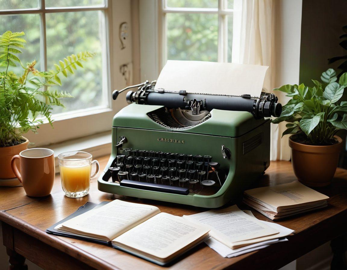 A cozy workspace featuring a vintage typewriter with neatly arranged notes and colorful journals, soft morning light streaming through a window, surrounded by plants and a steaming cup of tea, symbolizing the charm of lifestyle writing. super-realistic. vibrant colors. warm tones.
